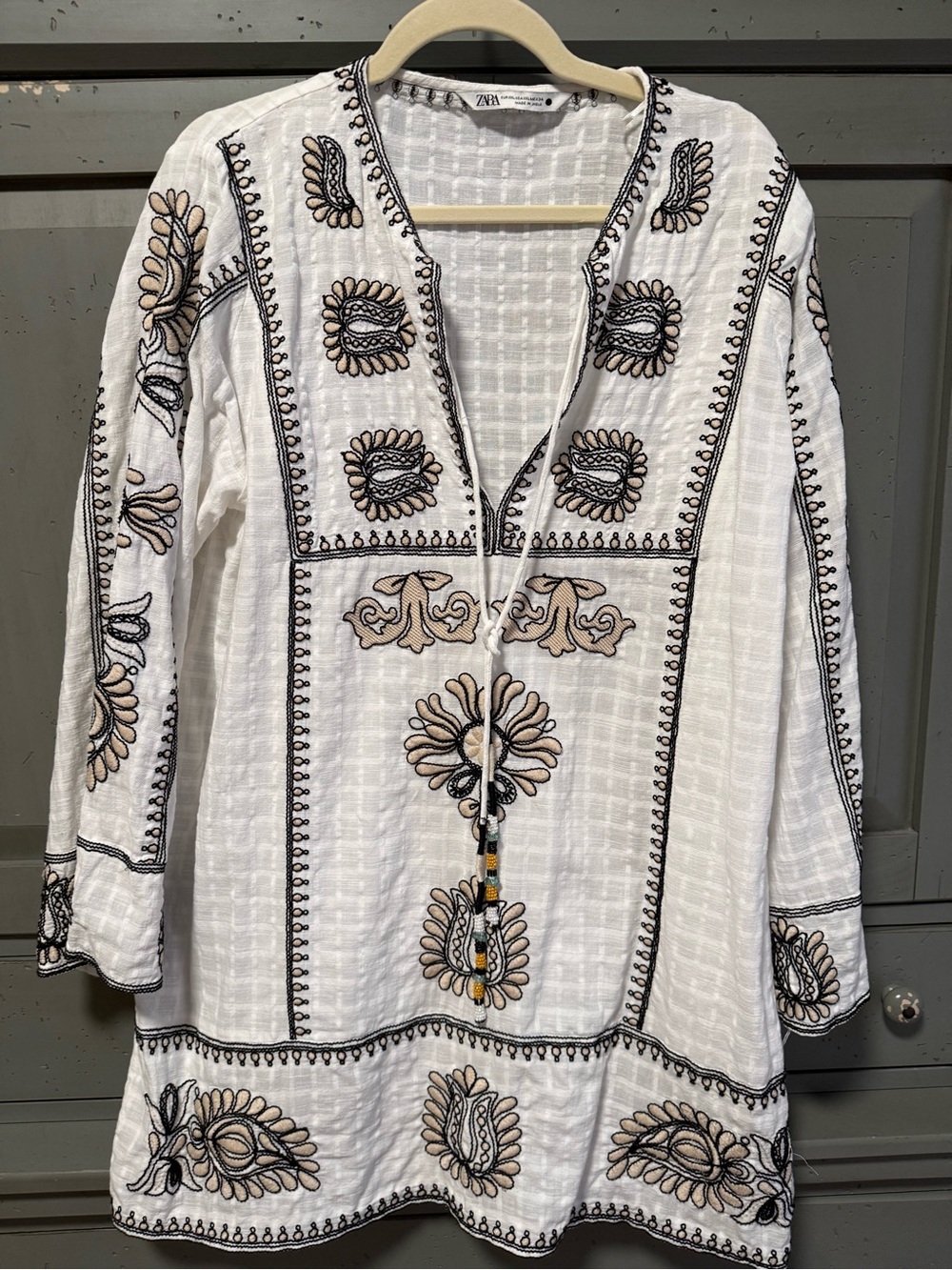 Zara White Tunic with Black and Tan Embroidery